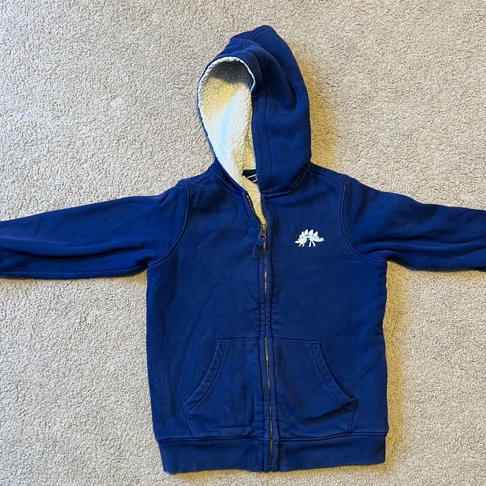 Lands End navy blue Sherpa lined zip front hooded sweatshirt.